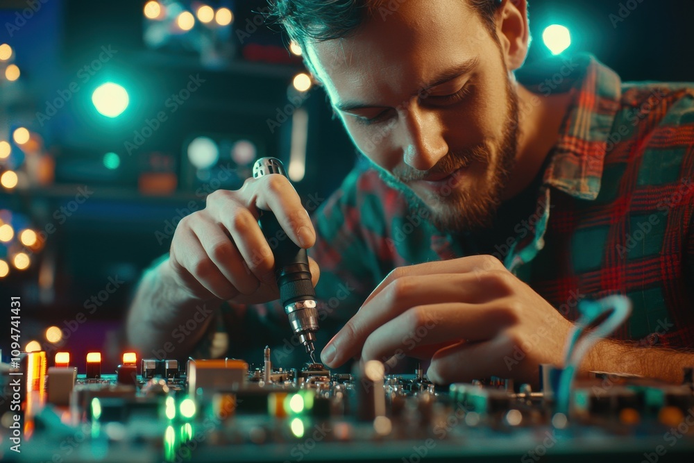Poster diy enthusiast using soldering iron to repair circuit board with focused precision and attention to 