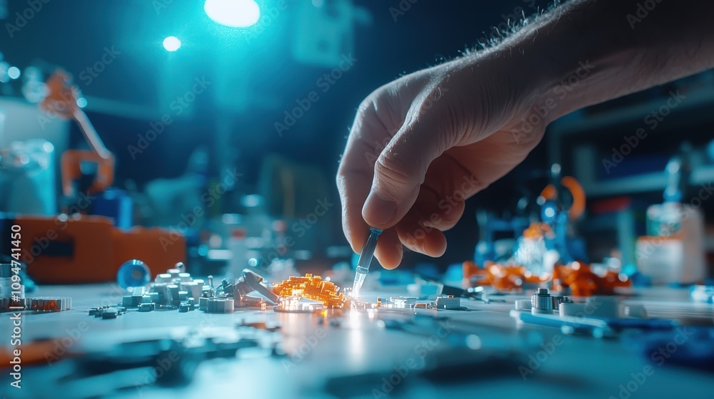Aufkleber assembling engine components in a studio setup