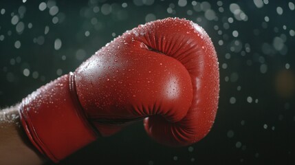 Red boxing glove covered in droplets, symbolizing strength and power. Copy space.