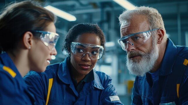 Collaborative Automotive Technicians Engaged in Discussion Over Car Repair Solutions in a Modern Workshop Setting