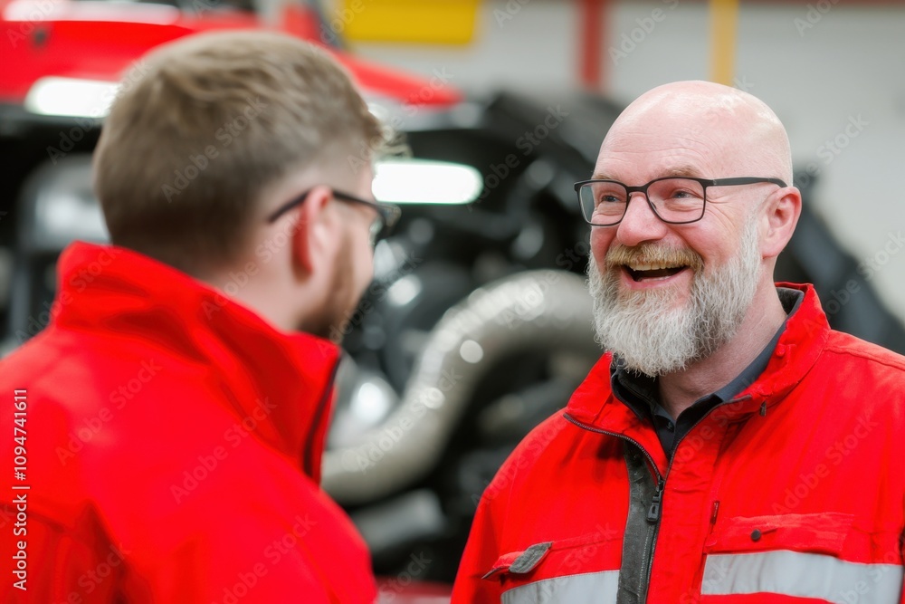 Poster mechanic discussing engine parts with customer in workshop