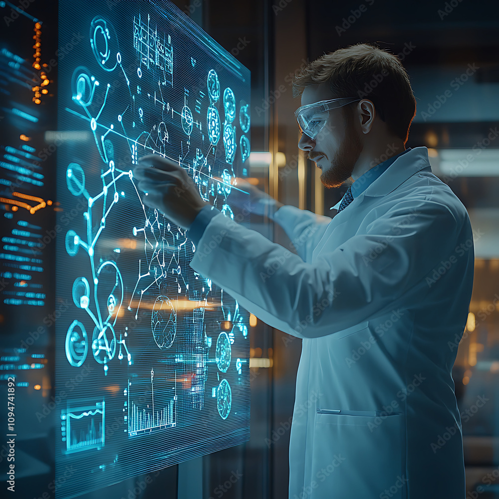 Poster scientist in lab coat analyzes data on futuristic touchscreen display, showcasing advanced biotechno