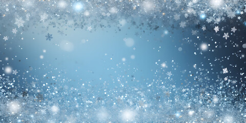 Obraz premium Blue festive background with white snowflakes and shiny glitter elements, free copy space for text 