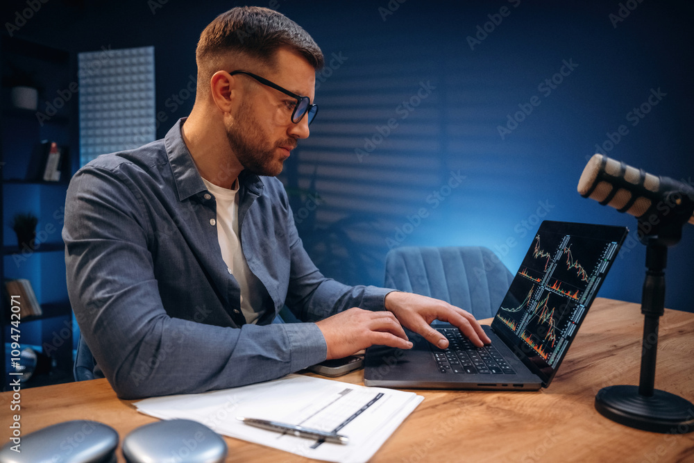 Poster trading expert is analyzing data. man with microphone in the studio, conception of podcast