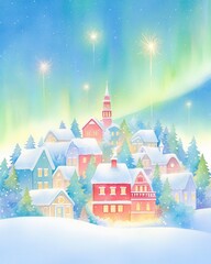 Fototapeta premium Dreamy christmas village concept. Christmas village in a mystical garden, glowing aurora and soft fireworks in the sky, dreamlike setting