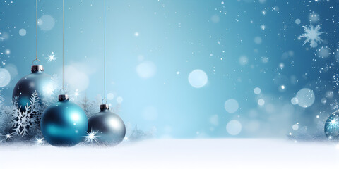 Blue festive background with white snowflakes and shiny glitter elements, free copy space for text 