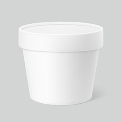 Realistic paper cup with lid mockup. Vector illustration isolated on grey background. Can be used for ice cream, sour and foods. Perfect for easy customisation and editing your graphics. EPS10.