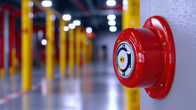 Fire alarm control and detection concept. Red fire alarm in an industrial setting with yellow columns