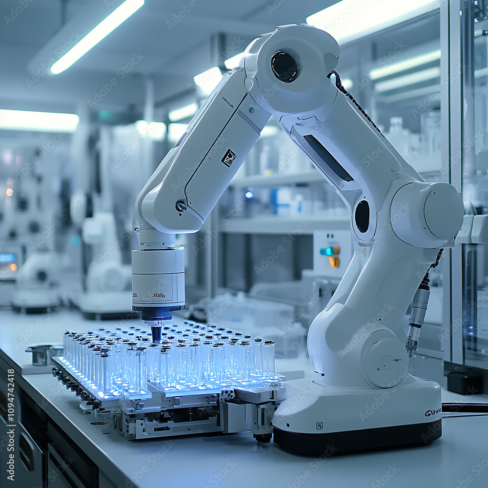 Poster sterile laboratory features robotic arm conducting experiments with test tubes, showcasing advanced 