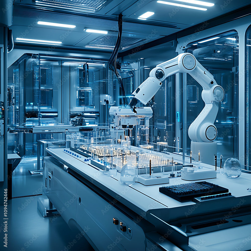 Poster sterile biotechnology lab featuring advanced robotic systems handling samples. futuristic environmen