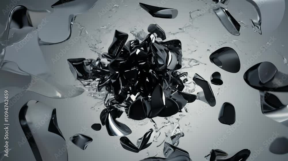 Poster camera moves away from an explosion of black and silver shapes, twisting and morphing in a dynamic, 