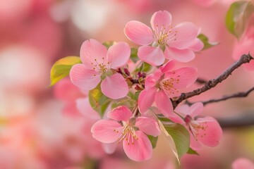 Obraz premium Close-up of delicate pink blossoms on a branch, soft focus background.