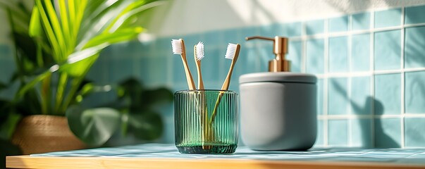 Elegant ecofriendly bathroom accessories with bamboo toothbrushes, green glass holder, and modern gray jar placed on a blue and white tiled backdrop