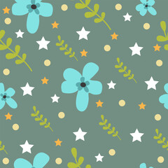 Seamless Blue Floral Pattern with Stars on Green Background