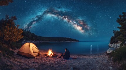 Night camping by starry lake with Milky Way. Outdoor lifestyle scene with tent and campfire. Night camping.