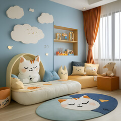 Cozy cat-themed kids room modern apartment interior design bright and cheerful playful concept for child development