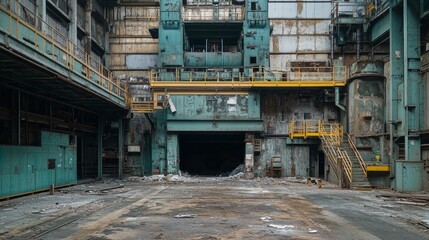Naklejka premium Abandoned Industrial Interior with Debris and Rusting Machinery