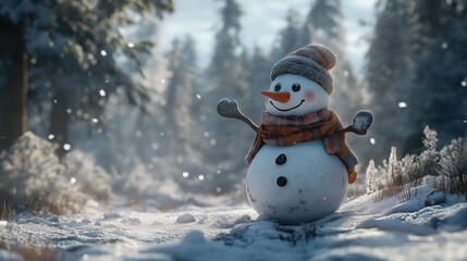 Fröhlicher Schneemann im verschneiten Winterwald
