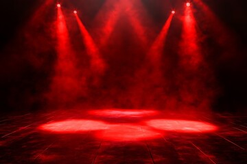 Naklejka premium Free stage with lights and smoke, Empty stage with red spotlights, conser, show, party, Presentation concept. Red spotlight strike on black background 