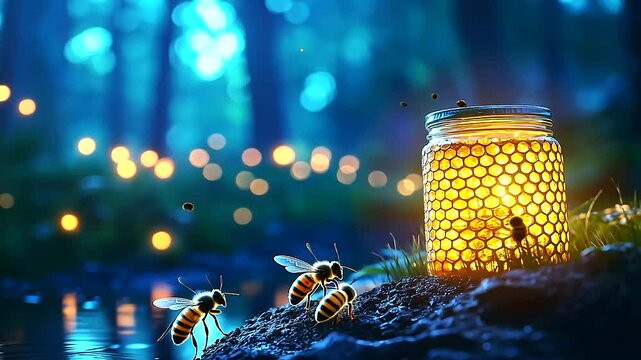 Honeybees diligently moving around a glowing honeycomb structure filled with honey, with a soft blue gradient background space for text, symbolizing the energy and persistence of b