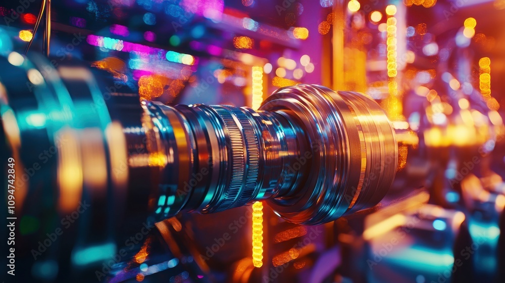 Aufkleber vibrant close-up of a mechanical component with bright lights and reflections in a modern workshop s