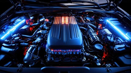 Fototapeta premium Polished Engine Bay of an Electric Vehicle Showcasing Innovative Design and Advanced Technology with Vibrant LED Lighting for a Striking Visual Appeal
