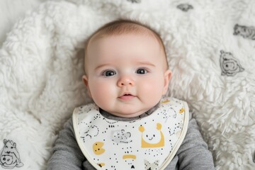 A close-up portrait of a baby wearing a whimsical bib, lying on a fluffy white blanket, exuding calm and innocence.
