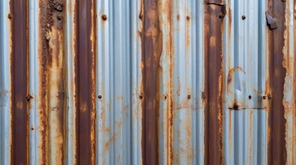 A dented metal wall with rust patterns captures weathering and industrial charm, reflecting resilience and the passage of time.