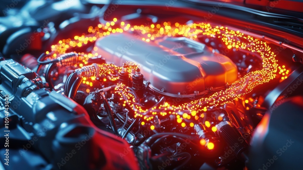 Poster sleek diagnostic scene featuring engine with clear lighting and 6x tools for an enhanced mechanical 