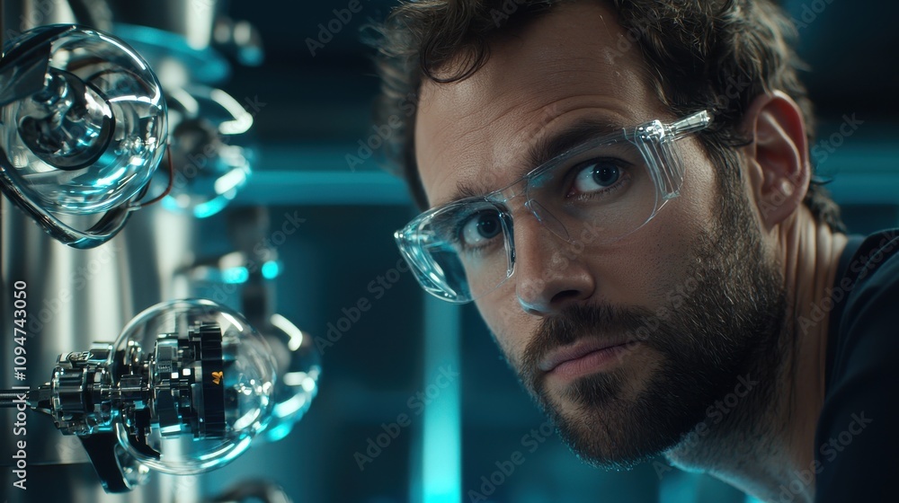 Poster focused technician troubleshooting high-tech machine in laboratory environment with expressions of c