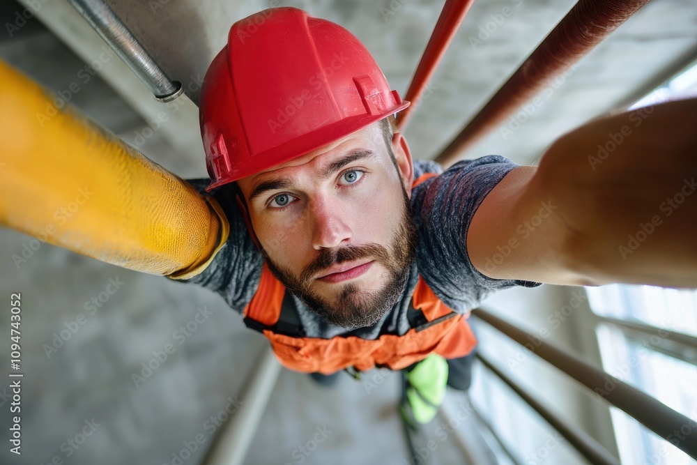 Poster Skilled technician repairing an industrial machine with precision while working at height on a complex structure using safety gear and specialized tools