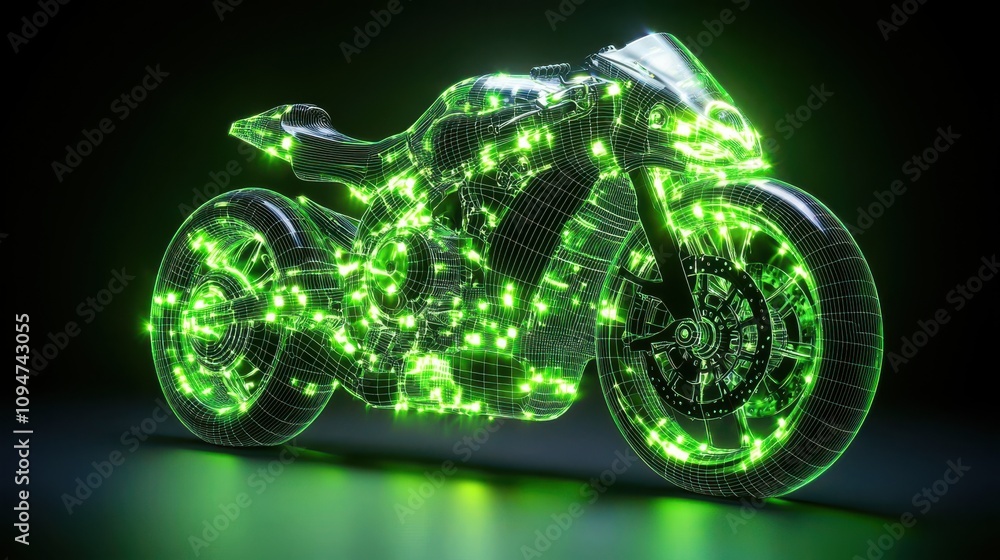 Poster futuristic motorcycle design with glowing engine and innovative technology displayed in a dynamic ba