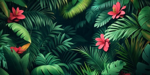 Modern tropical jungle wallpaper design.  Perfect for interior decorating, this 3D illustration is digitally printable.