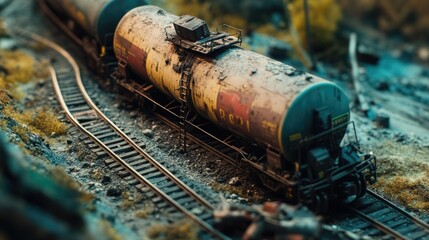 A detailed shot of a hazardous cargo train derailment on railway tracks, capturing the damage and environmental danger posed by the incident