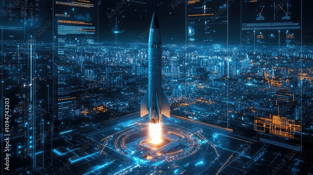 Poster a digital projection showing the interface of a missile system on a futuristic city map, used for st