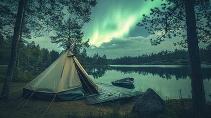 Intimate camping scene by lake under northern lights. Serene lakeside camping.