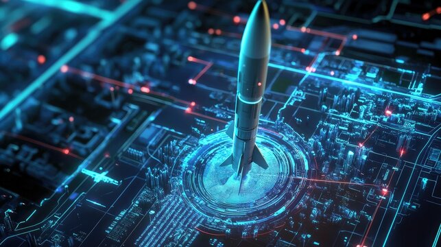 A digital projection showing the interface of a missile system on a futuristic city map, used for strategic military planning and intelligence analysis