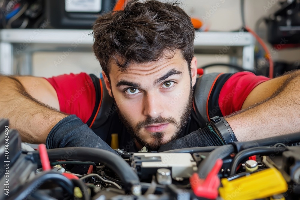 Poster technician focused on fixing machine tasks in workshop