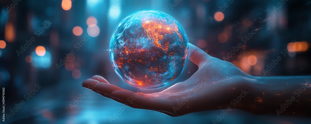 Aufkleber futuristic earth hologram hovering over a hand, glowing with neon colors and a cyberpunk vibe, rende