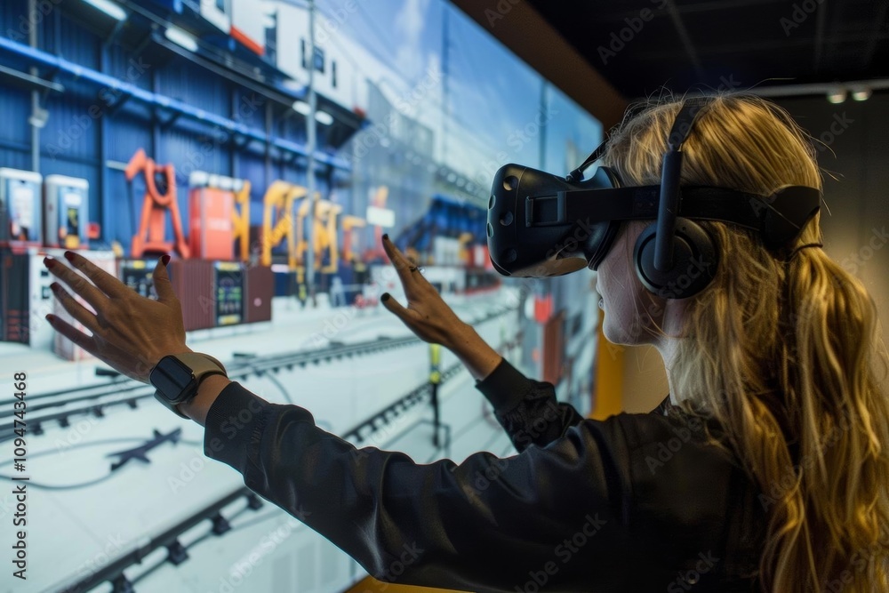 Poster a person using virtual reality technology in an industrial setting for training or simulation.