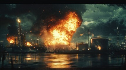A dramatic visual showing the aftermath of a missile attack on an industrial oil tank, causing a hazardous chemical spill with fire and explosions