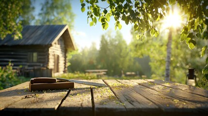 Naklejka premium Outdoor Tool Set on a Wooden Table in Natural Light