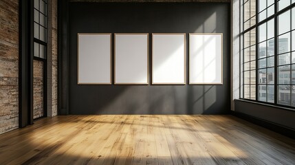 Blank posters in a modern loft with wooden floor and large windows, dark grey wall and dark room. 8k Resolution, Poster frame Mockup