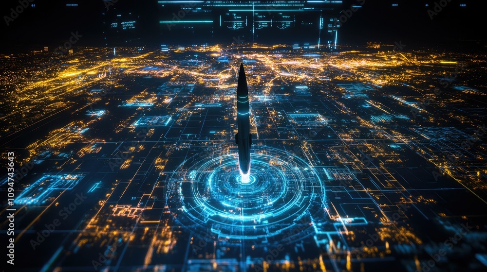 Poster a holographic display of a missile system advanced interface projected above a detailed city map, sh