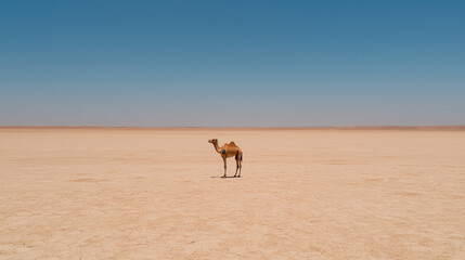 solitary camel stands in vast, arid desert landscape under clear blue sky