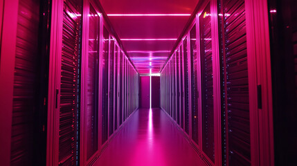 Fototapeta premium Vibrant corridor of high-tech server racks illuminated with pink lighting