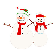 Two snowmen are standing next to each other. Both of the snowmen have red scarves on their necks. The snowman on the left has a green and red hat on his head.