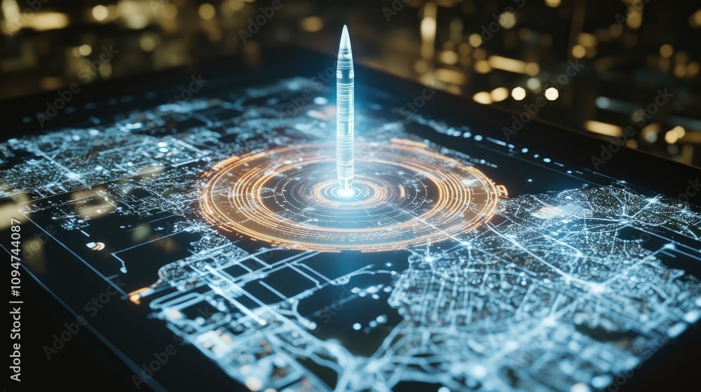 Poster Close-up of a missile system interface projected as a hologram above a detailed map of a city, highlighting advanced military tech for strategy and planning