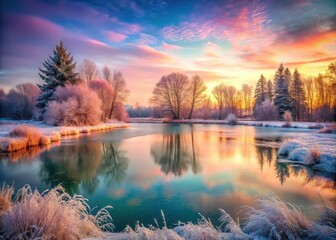 Tranquil Vintage Style Frozen Pond at Dusk with Soft Hues, Reflections, and Frosty Landscape for Nature Lovers and Winter Photography Enthusiasts