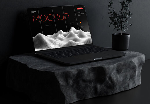Dark Laptop Mockup on Stone Surface &ndash; Realistic Front Angle Scene for UI/UX Design, Dashboard Presentation, or Website Interface Display in Elegant Lighting